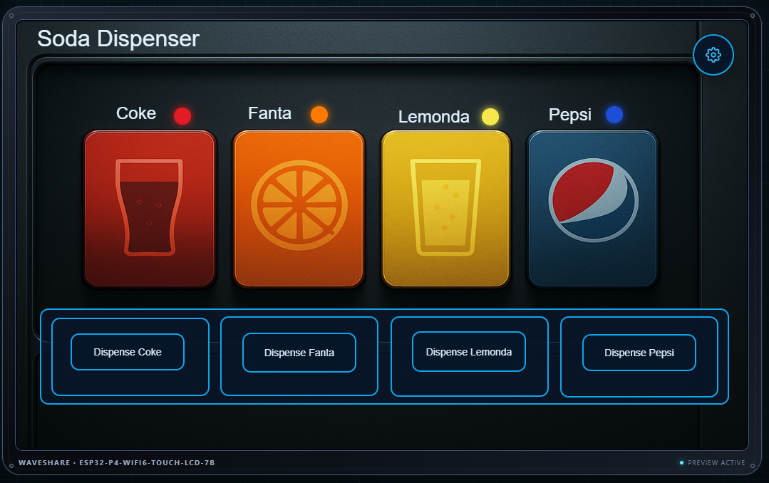 Soda dispenser interface with four colorful drink selections and editable dispense controls